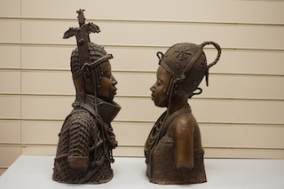 Two large Benin style bronze busts of African women, tallest 56cm. Condition - fair/good